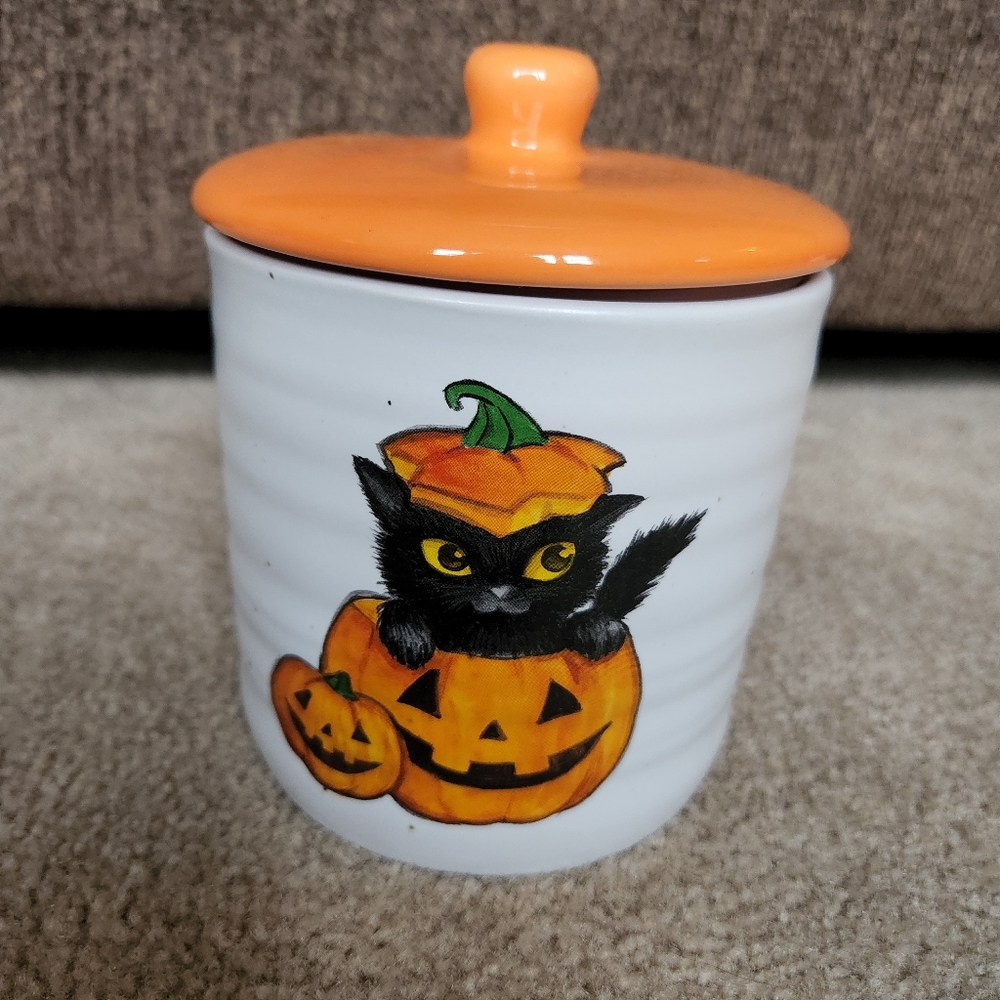Halloween black cat canister jar with lid cobwebs and cauldrons